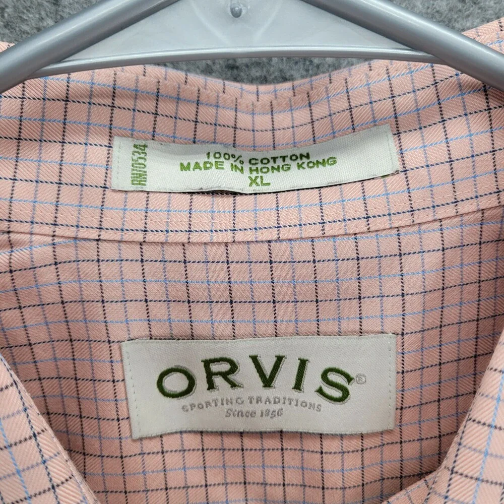 Orvis Button Down Shirt Mens Size XL Long Sleeve Pink Check Cotton